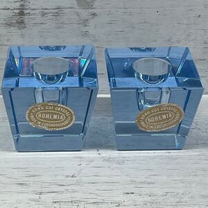 Pair Blue Tapered Square Bohemia Cut Crystal Candle Stick Holders Czechoslovakia